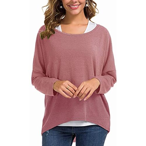 UGET Women's Oversized Baggy Tops Loose Fitting Pullover Casual Blouse T-Shirt Sweater Batwing Sleeve Small Purple Red