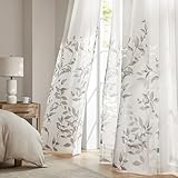 Madison Park Cecily Semi Sheer Single Panel Window Curtain Burnout Botanical Print, Easy to Hang, Fits up to 1.25' Diameter Rod, 50' x 95', Leaves Grey