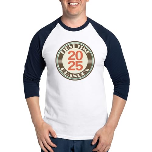CafePress First Time Grandpa 2025 Men's Cotton Baseball Jersey, 3/4 Raglan Sleeve Shirt Blue/White