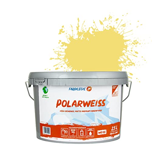 Farbklecks24 Polarweiss Color (versch. Farben) premium Wandfarbe, weiss, sehr hohe Deckkraft, Wandfarbe, Deckenfarbe, Deckkraft Klasse 1, Nassabrieb Klasse 2 (2,5L, Gelb 4-2)