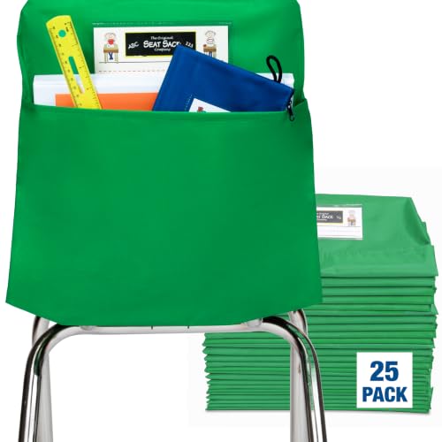 Image of Seat Sack Student Chair Storage Pocket - 15 inch, Single Pocket, Classroom Chair Organizer for Student Desks, Durable Over-the-Chair Storage, Ready-to-Use Name Tag Window, Green, 25-Pack Classroom Set