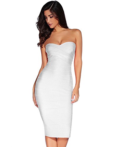 Womens Midi Cocktail Dresses Strapless Bandage Bodycon Dress Wedding Party Dress(White M)