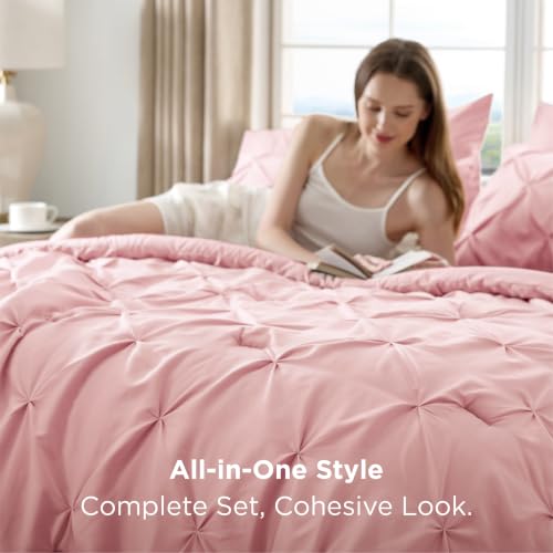 Image of Bedsure King Size Comforter Set Pink - Bed in a Bag Bedding Set 7 Pieces, GentleSoft Pintuck Bed Set Gift for Family, All Season Down Alternative Comforter with Sheets, Pillowcases & Shams