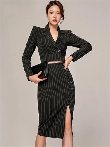 Women Stripes Occupation 2-Piece Suits Elegant Blazer Pencil Skirts Korean Casual Set2