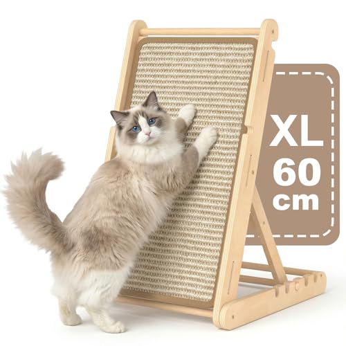 X XBEN Grattoir en Bois pour Chat, 60cm de Haut Griffoir Chat Pliable avec 5 Hauteurs Réglables, sans Montage, Forme de L Planche à Gratter en Sisal Naturel pour Préserve Canapé et Mur
