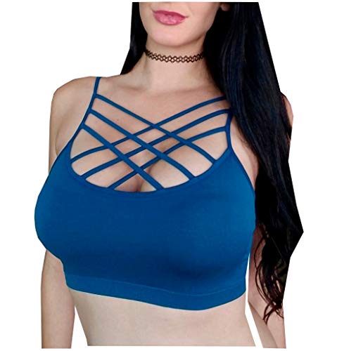 Kaylee_xo Criss Cross Strappy Front Caged Bralette Removable Padded Sports Bra (Teal, S/M)