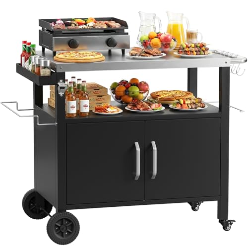 LIFERUN Outdoor Grill Dining Cart with Storage Cabinet Double Shelf Stainless Steel BBQ Trolley Garden Serving Trolley with Lockable Wheels Heavy-Duty Outdoor BBQ Stand for Patio Backyard Garden