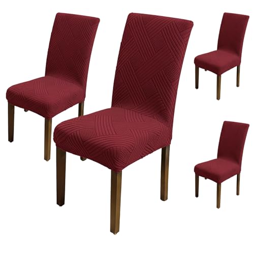 Image of House of Quirk Elegant Jacquard Chair Cover - 220 GSM Stretch Fabric, Universal Fit, Washable Short Dining Seat Protector Slipcover (Maroon, Pack of 4)