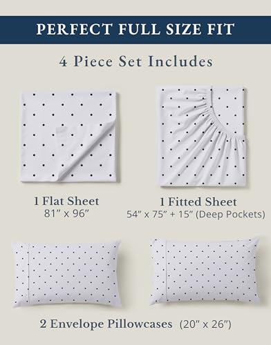 Image of LANE LINEN 100% Organic Cotton Full Sheets Set, Percale Fully Elasticized Mercerized Soft & Comfy Machine Washable Printed Cotton Sheet Set, Eco Friendly Printed Full Size Bedding- Polka Dot