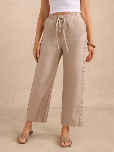 Women's Lace Wide Leg Linen Pants Drawstring High Waisted Dressy Casual Trousers with Pockets4