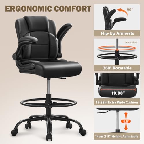 Image of Ergonomic Drafting Chair,Tall Office Chair for Standing Desk with Flip-Up Armrests,Adjustable Foot Ring & Height, High Leather Executive Office Chair for Home,Drawing or Counter Height Use