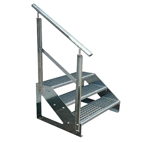 Escalier pour dénivelé de terrasse en caillebotis acier 3 marches autoportant avec garde-corps gauche