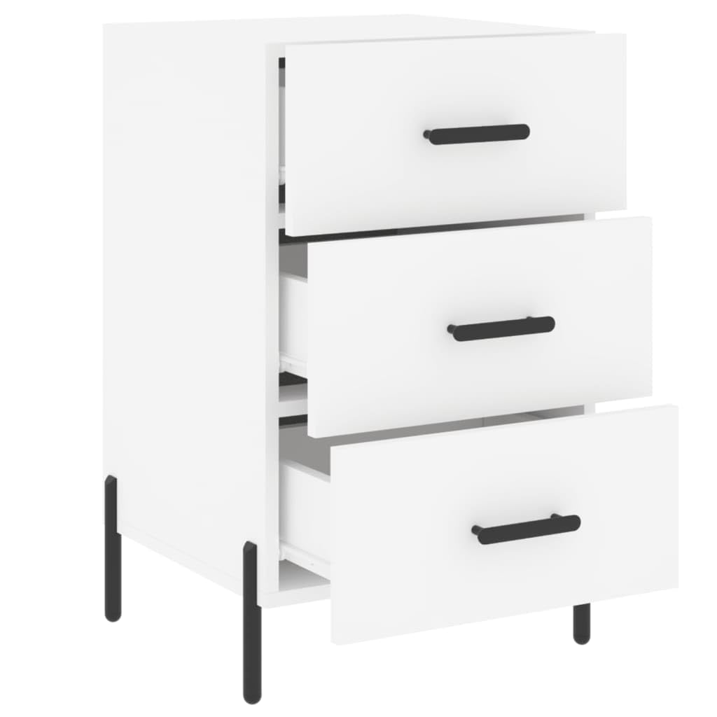 Comodino bianco in legno multistrato con piedini in ferro 40x40x66 cm, mobiletto moderno con cassetto e ripiano, contenitore salvaspazio per camera da letto, soggiorno, ufficio, corridoio