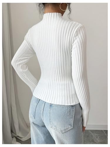 Image of MakeMeChic Women's Mesh Mock Neck Sweater Long Sleeve Rib Knit Fitted Pullovers White Large