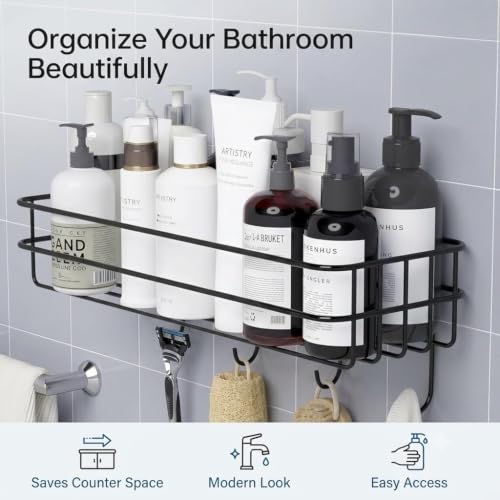 Image of Bindian Self-Adhesive Bathroom Shelf with Hooks, Pack of 2 | No-Drill Wall Mounted Shower Caddy Organizer | Rustproof Bathroom Storage Rack for Shampoo, Soap & Toiletries | Space Saving Adhesive Shelf