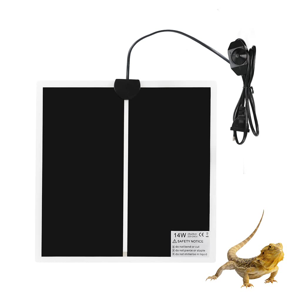 Manta Termica Reptiles Ajustable, 14W Manta Termica Terrario con Control de Temperatura Reptil Heat Mat para Reptiles Tortuga Serpientes Lagarto Araña Geckos (28 * 28cm)