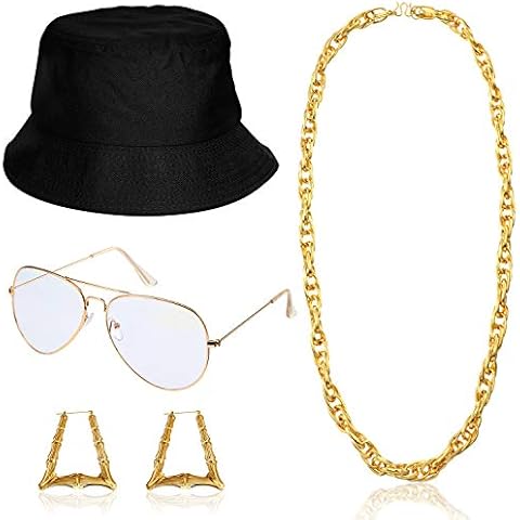 meekoo Hip Hop Costume Kit 90s Outfit Hat Sunglasses Gold Chain 80s/ 90s Rapper Accessories (Black Bucket Hat, Earrings) Cover