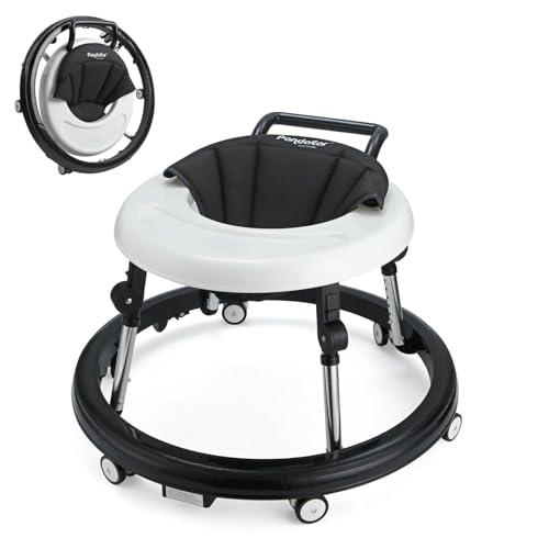 PandaEar Baby Walker, Foldable Baby Walkers with Wheels & 9-Gear Adjustable Height, Anti-Rollover Activity Walker for Boy & Girls 6-18 Months (Black)