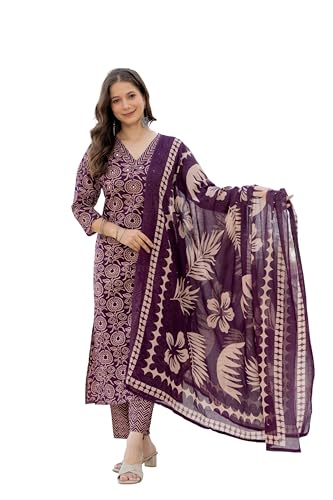 Image of Rangnavi Women's Pure Cotton Printed Straight Kurta with Pants and Dupatta Set | Ethnic Set | Suit Set | Kurta Set