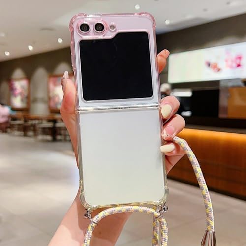 Étui de téléphone pour Samsung Z Flip 4 avec cordon rose jaune parfait pour garder les mains libres