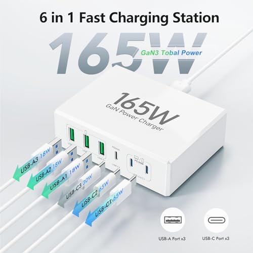 Image of USB C Charger Block,165W GaN 6 Port PD3.0 and QC Wall Charger Power Adapter Plug Cube,Compact Fast Desk Charging Station Hub for iPhone 17 16 15 14 13 Pro Max PD 65W Laptop Charger for MacBook Air Pro