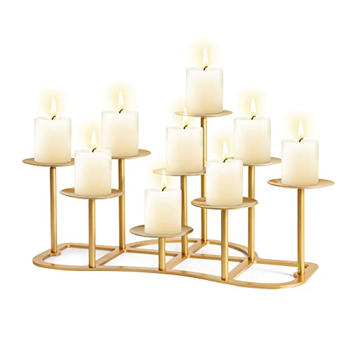 9 Pillar Fireplace Candelabra for Inside Fireplace - Gold Metal Fireplace Candle Holder for Tealight Pillar Candles Stand Iron Table Centrepiece Mantle Floor Decor (Gold, 9 Branch)