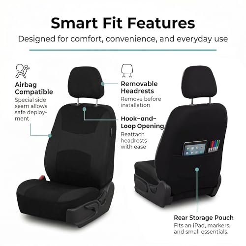 Image of FH Group Universal Car Seat Covers Front Set for SUV Truck Sedan Vans | Waterproof All-Purpose Cloth Seat Cover Set Airbag Compatible Washable Split Bench Protector Interior Upgrade - Black
