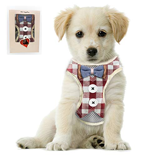 Bark Lover Small Puppy Harness with Bowtie, Adjustable Dog Vest Mesh Tuxedo Harness for Small Dog Kitten, Perfect for Party Wedding Holiday (XS, Red Plaid)