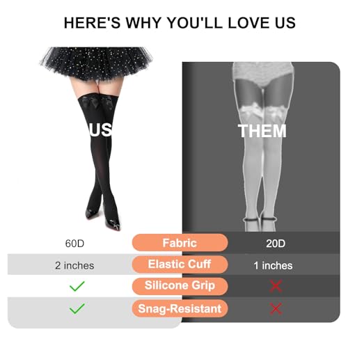 Image of Women's Satin Bows Thigh High Stockings Hold-ups Snag-Resistant Knee High Long Socks