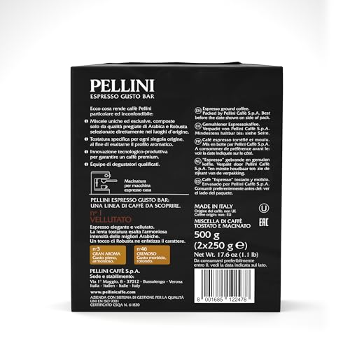 Pellini Gustobar N.1, Gemahlener Kaffee für Espressomaschinen mit Samtigem Geschmack, Arabica- und Robusta-Mischung, Mittlere Röstung, 2 Packungen mit je 250g