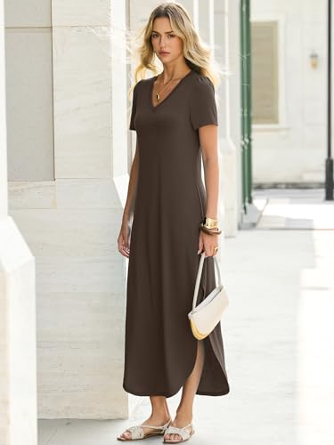 ANRABESS Women’s Summer Maxi Dress V Neck Short Sleeve Slit Side Shirt Dress Loose Fit Travel Beach Dress with Pockets Brown Medium — view 3