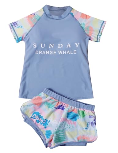 Image of Girls Short Sleeve Rash Guard Sets Swimsuits Two-Piece Beach Swimwear Quick Dry Bathing Suits UPF 50+ 8-16 Years