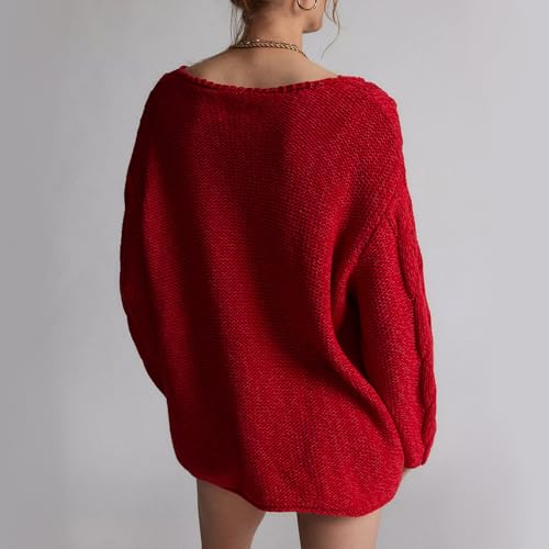 Image of Womens Oversized Off The Shoulder Sweaters Chunky Knit Wide V-Neck Tops Casual Slouchy Pullover Fall Outfits