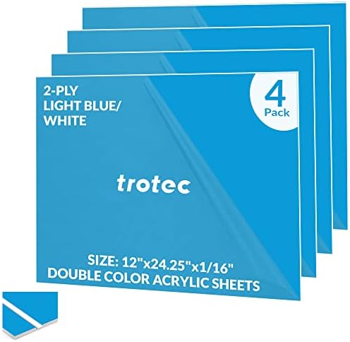 Trotec TroLase | Laser Engraving Double Color Plastic Sheet | 12" x 24.25" x 1/16", 4 Pcs | Light Blue/White | 2 Ply | Modified Acrylic | Engraving Blanks for Laser, Saw, Guillotine | Made in USA