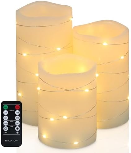 H-BLOSSOM Flickering Flameless Candles Ivory Real Wax Pillar with Embedded String Lights LED Candles Battery Operated with Cycling 5H Timer Set of 3 (3" x 4"/5"/6") (Ivory)