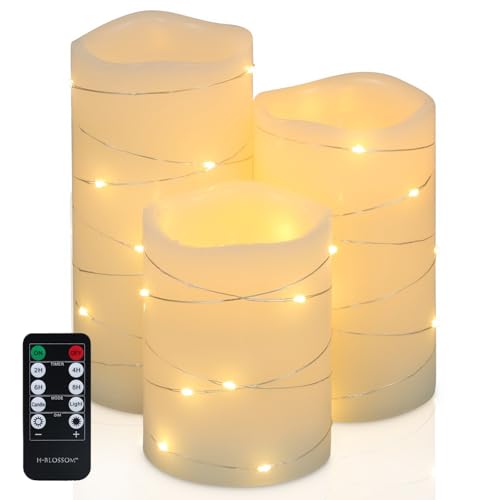 H-BLOSSOM Flickering Flameless Candles Ivory Real Wax Pillar with Embedded String Lights LED Candles Battery Operated with Cycling 5H Timer Set of 3 (3" x 4"/5"/6") (Ivory)
