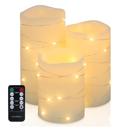 H-BLOSSOM Flickering Flameless Candles Ivory Real Wax Pillar with Embedded String Lights LED Candles Battery Operated with Cycling 5H Timer Set of 3 (3" x 4"/5"/6") (Ivory)