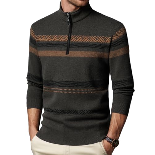 Men's Sweater Quarter Zip Striped Pullover 100% Wool Fall and Winter Color Block Polo Sweaters