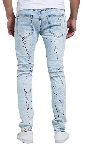 Men's Fashion Blue Skinny Fit Moto Biker Paint Splatter Straight Denim Jeans 34 #TOP1