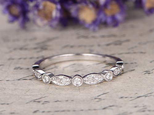 Antique Diamond Wedding Band Solid 14k White Gold Engagement Ring Half Eternity Marquise Milgrain Art Deco Stacking Ring Bridal Set Anniversary Gift Matching Band