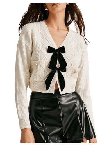 Image of BEAUDRM Women's Bowknot Cropped Cardigan Sweater Long Sleeve Button Up Knit Tops Outerwear Beige Medium