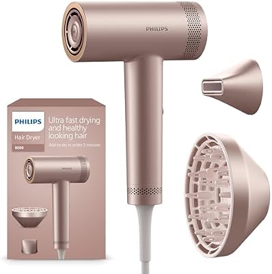 Secador de pelo Philips Serie 8000 de alta velocidad, tecnología ThermoShield Advanced, iónico, boquilla de peinado y difusor, cuidado del cuero cabelludo, 1400W, color rosa champán, modelo BHD837/10