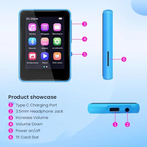 Image of AUDIOCULAR M31 32GB Portable Mp3 Music Player with Bluetooth, 2.4 inch LCD Touch Screen, Video Playback, Built-in Speaker, Voice Recording Function Mini HiFi Lossless Digital Audio Player (32GB - Blue)