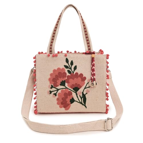 Image of Boho Girl Marigold Mini Tote Bag | Floral Embroidered Hand Bag with Pom-Poms & Tassel |Handbag, Shoulder Bag, Shoulder Women Bag with Inside Pocket | Jacquard Canvas Material