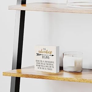 mmiishe the Adventure Begins Wooden Box Sign Home Camping Wall Decor 5 X 5 Inch Rustic Camping Theme Wood Box Sign