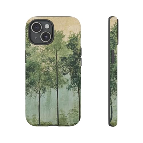 Coque iPhone 15 rigide mate motif art mural ligne d'arbre verte
