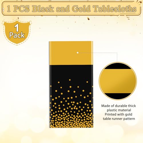Image of 1Pcs Black and Gold Tablecloth Party Decorations,Plastic Black Table Cloth Printed Gold Table Runner Disposable Rectangle Tables Cover for Birthday Retirement Anniversary Graduation Party,54 x108 Inch