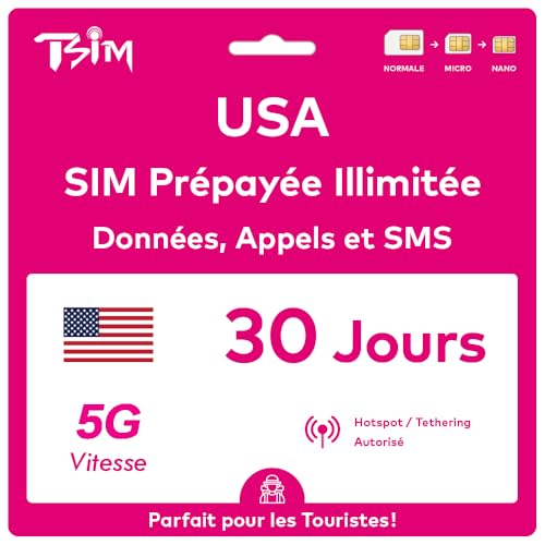 Carte SIM USA 30 Jours. Réseau T-Mobile avec données illimitées à Haute Vitesse en 5G/4G/LTE | Appels et SMS locaux illimités aux USA (Hawaï Inclus). Carte SIM 5G !