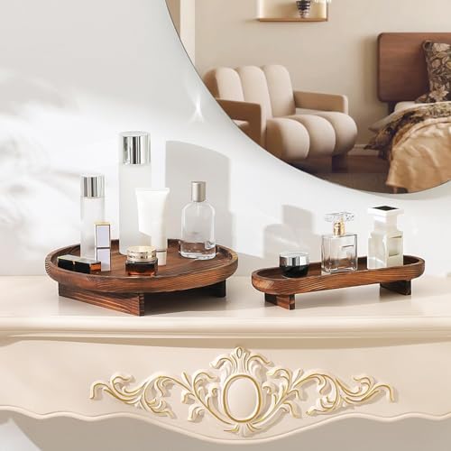 Image of Round Wooden Decorative Tray, 2 Pcs for Coffee Table, Bathroom Vanity Kitchen Counter Tray, Rustic Wood Decor, Round Serving (Walnut)
