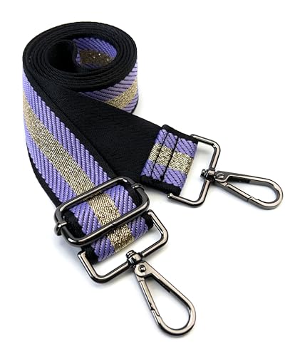 Image of Purple and Gold Thread Stripe Webbing Purse Strap with Gunmetal Black Hardware 1-1 /2 Inch Wide Replacement Crossbody Guitar Style Adjustable Shoulder Strap for Handbags Totes